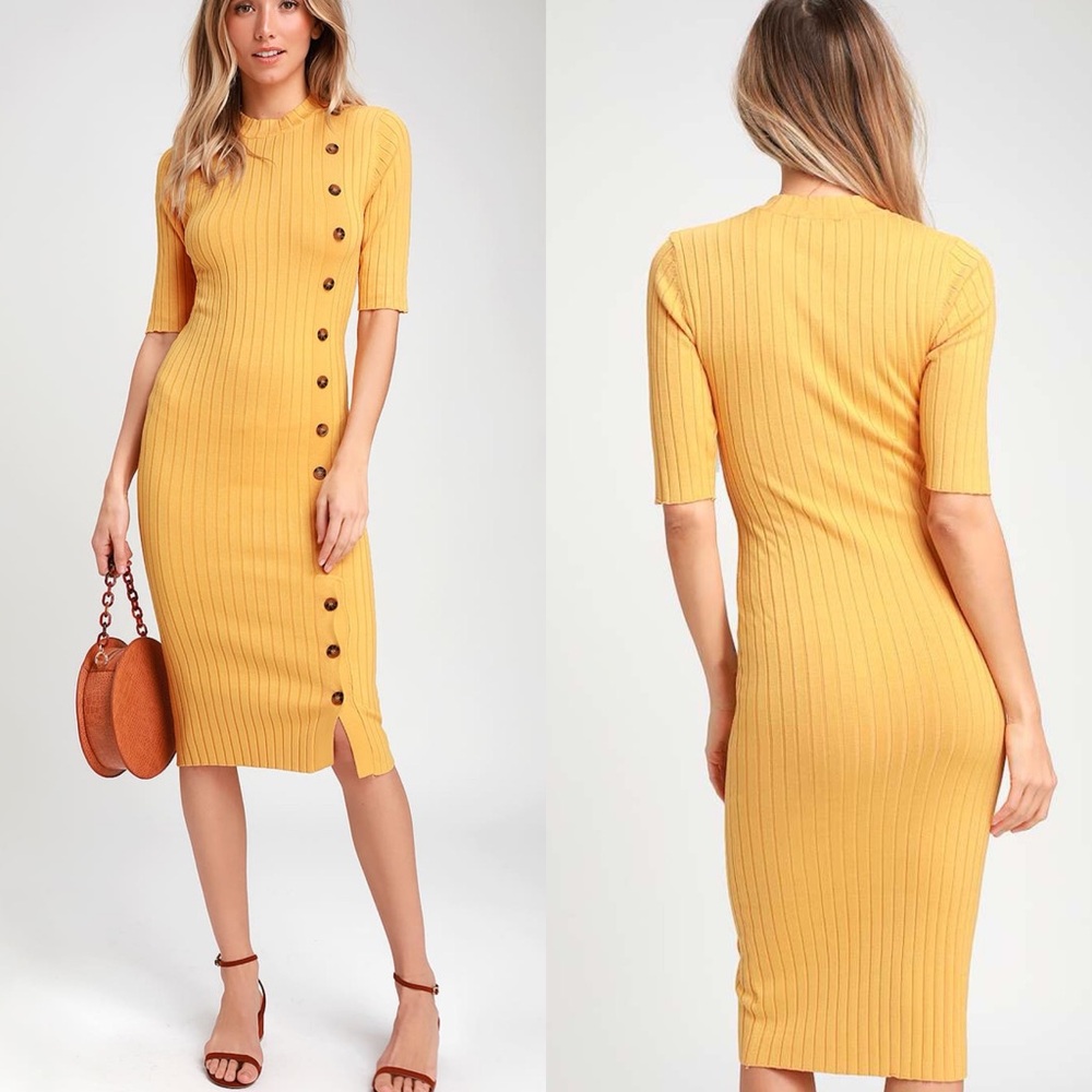 Lulus | Dolan Golden Yellow Ribbed Button Front Bodycon Midi Dress